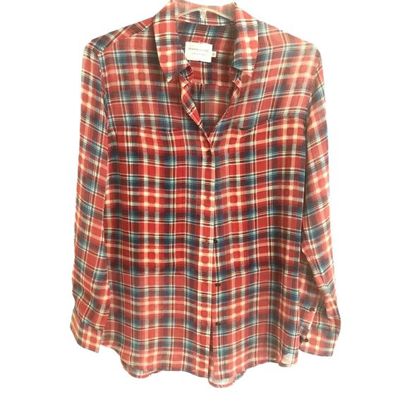 Shades of Grey by Micah Cohen Sz M Womens Blue Red Plaid Sheer Shirt Tunic Top - Picture 1 of 6